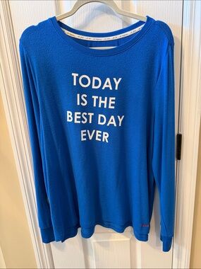 Peace Love World Bright Blue Top with Script Label